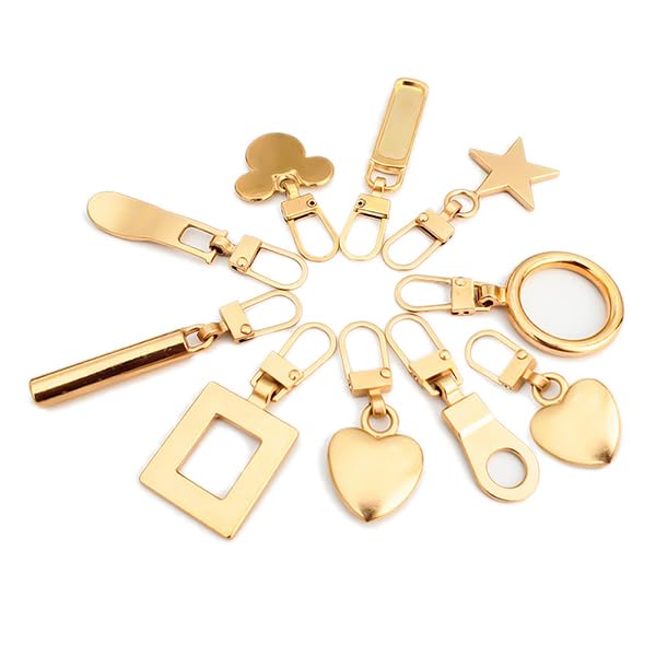 PALAY 10Pcs Metal Zipper Pull Replacement Set, 9 Styles Detachable Zipper Pullers Universal Gold Zipper Pulls for Bag, Clothes, Luggage, Backpack, Jacket PALAY 10Pcs Metal Zipper Pull Replacement Set, 9 Styles Detachable Zipper Pullers Universal Gold Zipper Pulls for Bag, Clothes, Luggage, Backpack, Jacket